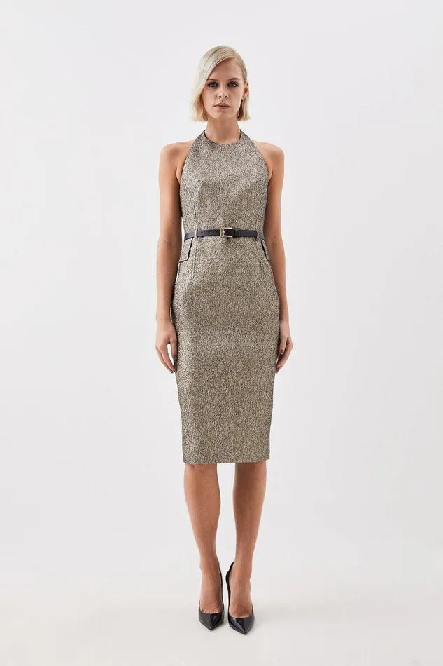 Dresses Women Karen Millen The Founder Tailored Metallic Jacquard Halter Neck Belted Midi Dress Gold Dresses Women Karen Millen The Founder Tailored Metallic Jacquard Halter Neck Belted Midi Dress Gold