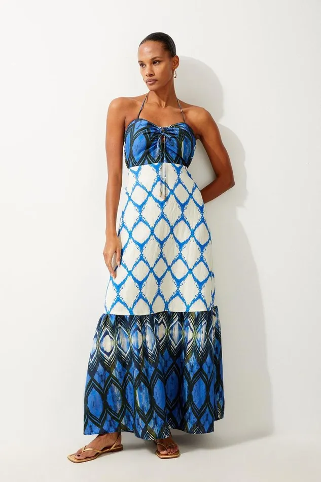Dresses Women Karen Millen Tile Printed Viscose Linen Woven Maxi Beach Dress Blue Dresses Women Karen Millen Tile Printed Viscose Linen Woven Maxi Beach Dress Blue