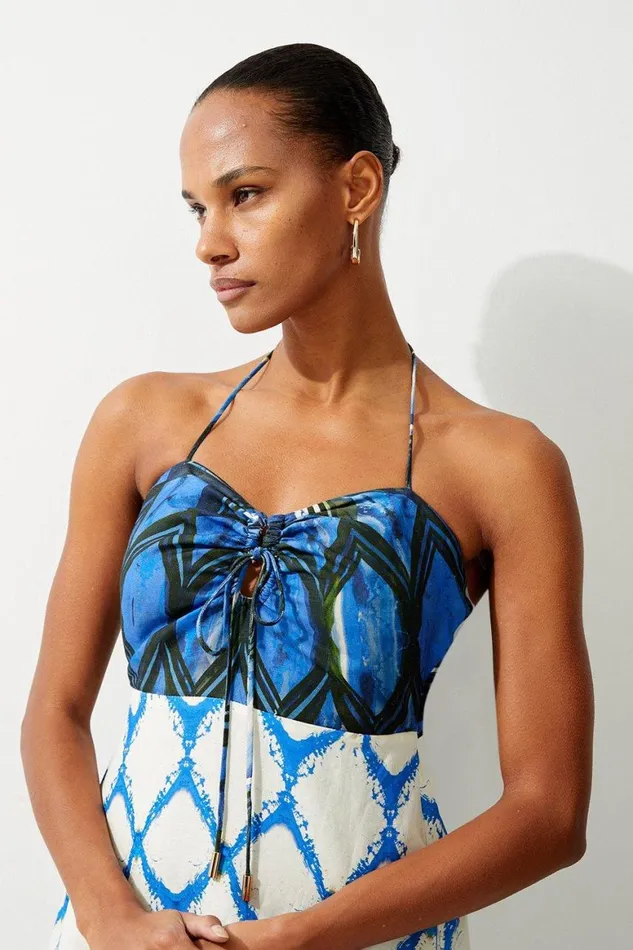 Dresses Women Karen Millen Tile Printed Viscose Linen Woven Maxi Beach Dress Blue
