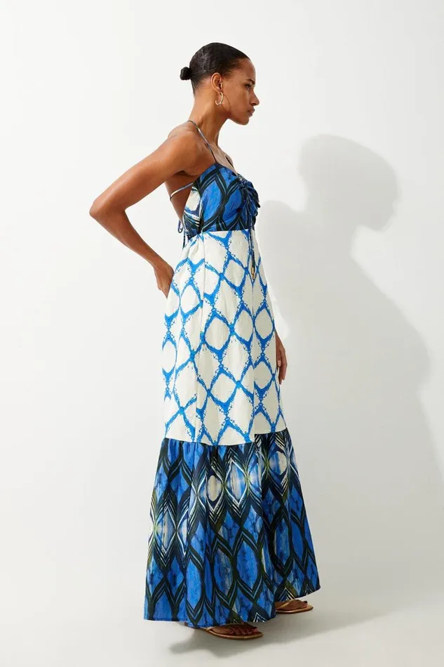 Dresses Women Karen Millen Tile Printed Viscose Linen Woven Maxi Beach Dress Blue
