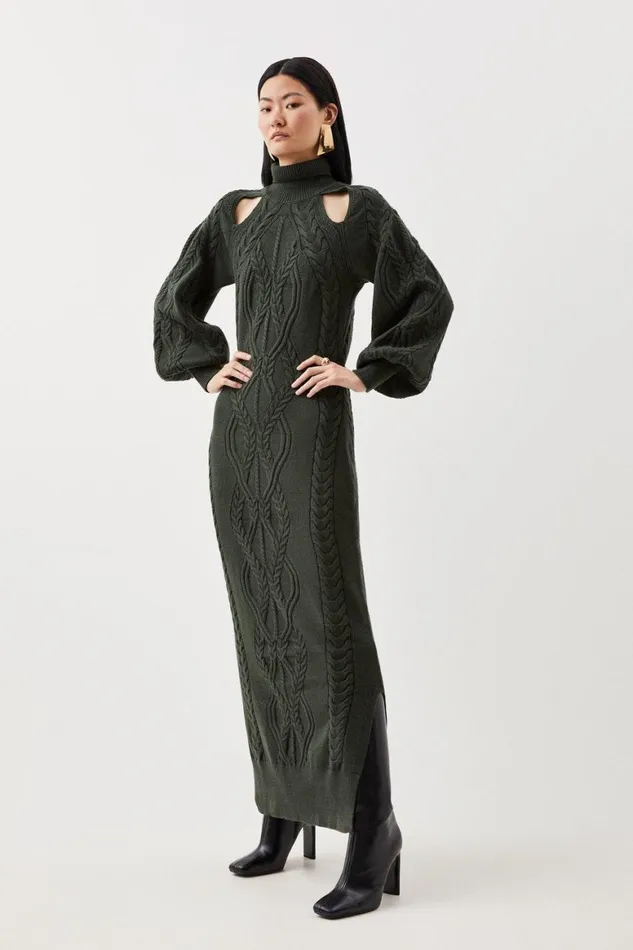 Dresses Women Karen Millen Viscose Blend Cable Knit Cut Out Funnel Neck Maxi Dress Olive Dresses Women Karen Millen Viscose Blend Cable Knit Cut Out Funnel Neck Maxi Dress Olive