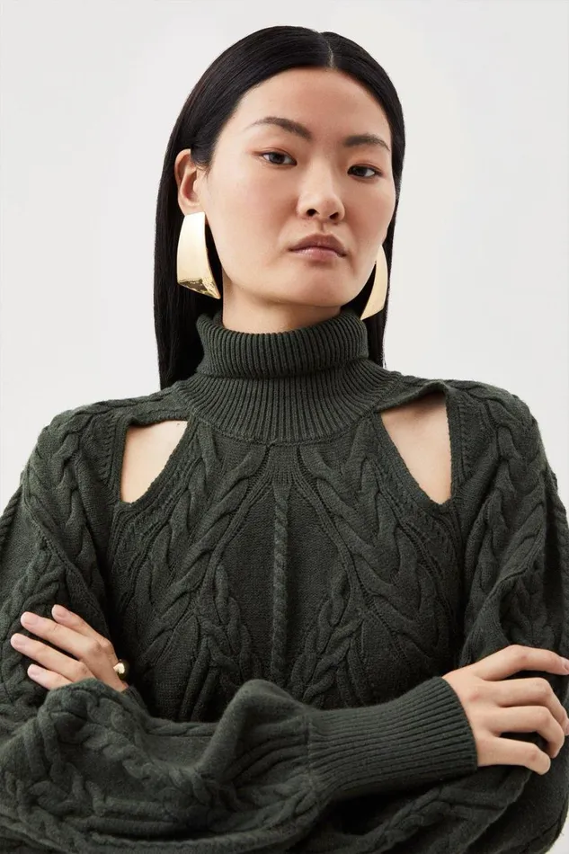 Dresses Women Karen Millen Viscose Blend Cable Knit Cut Out Funnel Neck Maxi Dress Olive