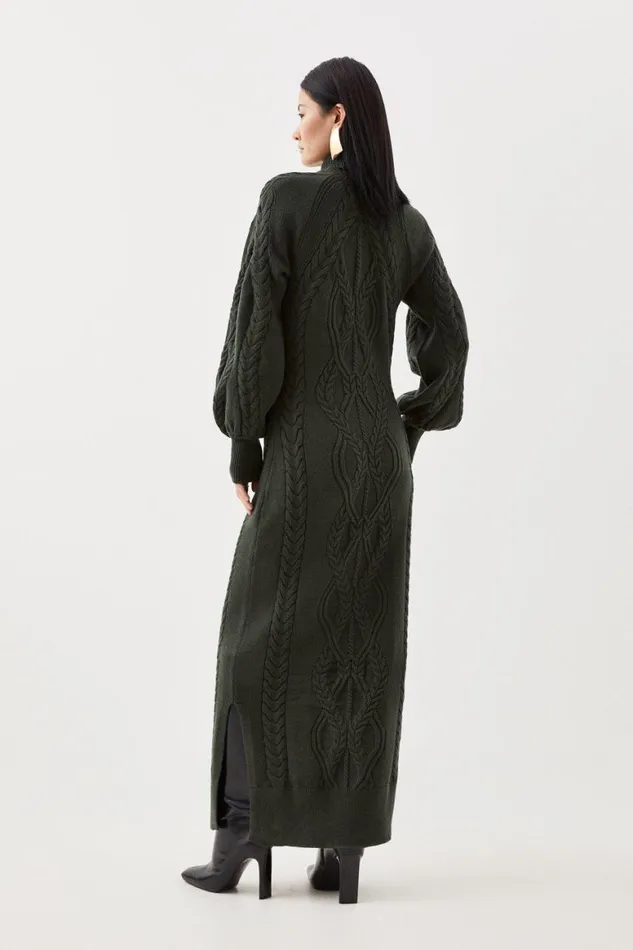 Dresses Women Karen Millen Viscose Blend Cable Knit Cut Out Funnel Neck Maxi Dress Olive