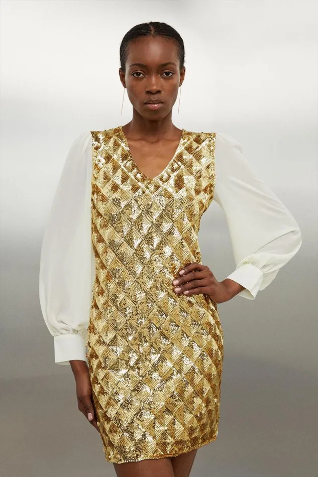 Dresses Women Karen Millen Viscose Blend Embellished Sheer Sleeve Knit Dress Gold Dresses Women Karen Millen Viscose Blend Embellished Sheer Sleeve Knit Dress Gold