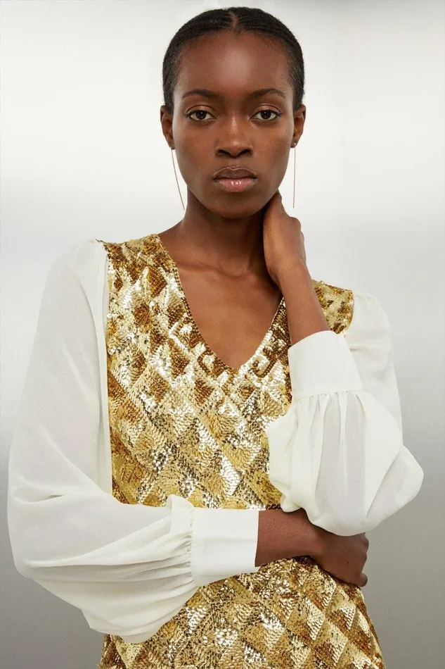 Dresses Women Karen Millen Viscose Blend Embellished Sheer Sleeve Knit Dress Gold