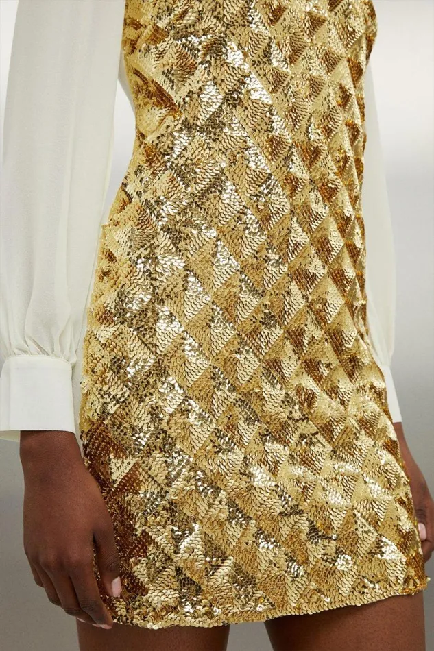 Dresses Women Karen Millen Viscose Blend Embellished Sheer Sleeve Knit Dress Gold