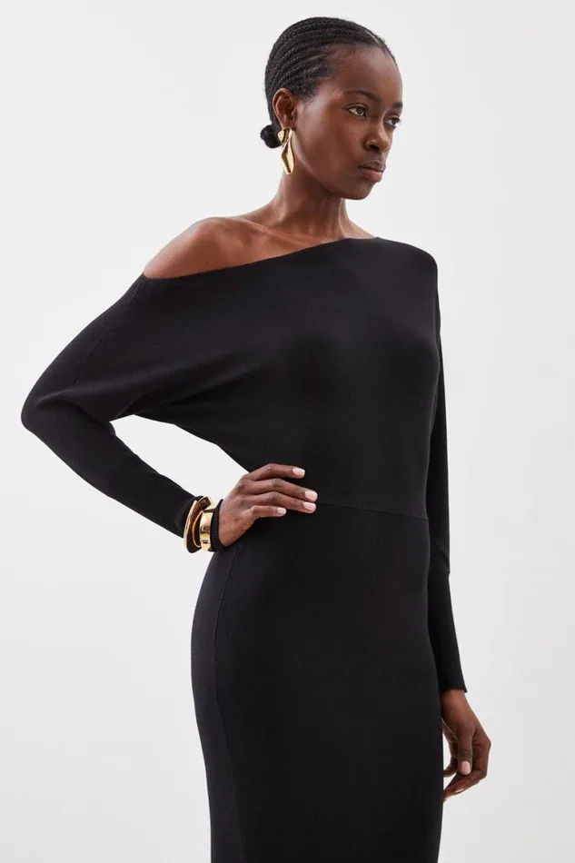 Dresses Women Karen Millen Viscose Blend Knit Asymmetric Neck Midi Dress Black