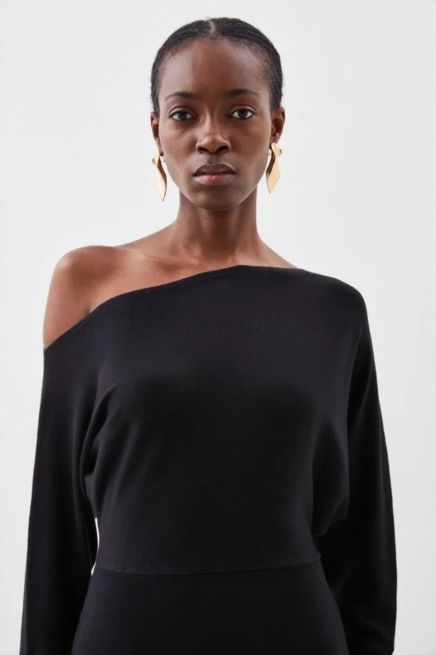 Dresses Women Karen Millen Viscose Blend Knit Asymmetric Neck Midi Dress Black