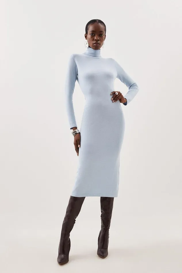 Dresses Women Karen Millen Viscose Blend Knit Roll Neck Midi Dress Pale Blue