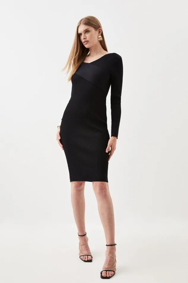 Dresses Women Karen Millen Viscose Blend Rib Knitted Wrap Front Mini Dress Black Dresses Women Karen Millen Viscose Blend Rib Knitted Wrap Front Mini Dress Black