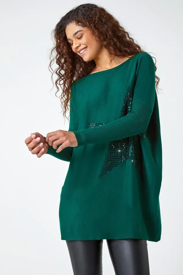 Emerald Embellished Star Print Longline Jumper Women Roman Knitwear