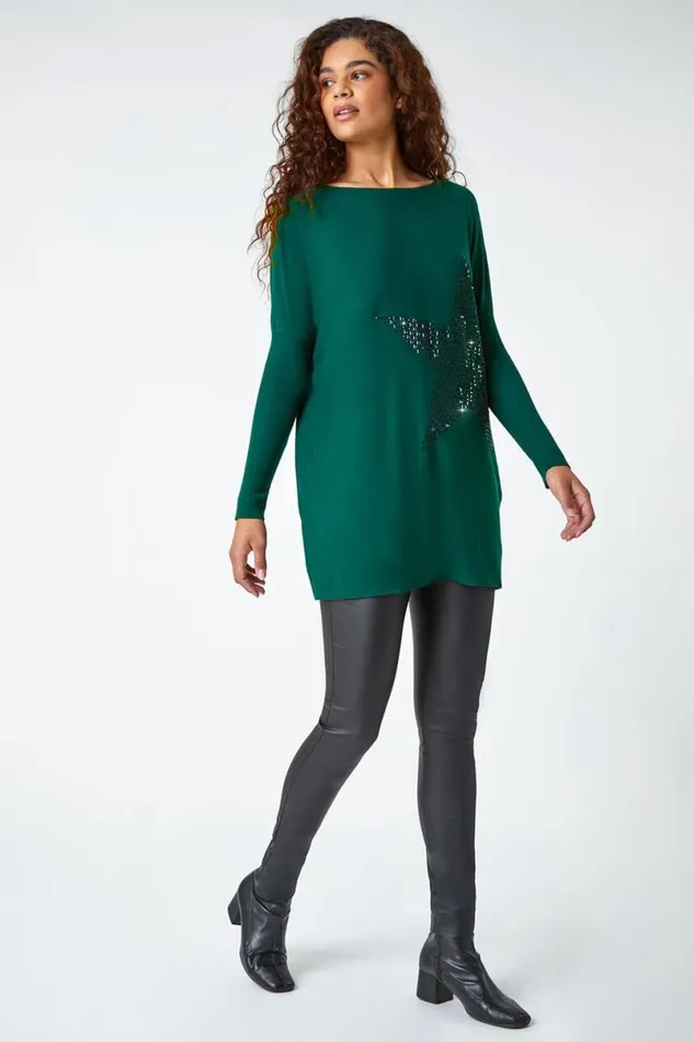 Emerald Embellished Star Print Longline Jumper Women Roman Knitwear