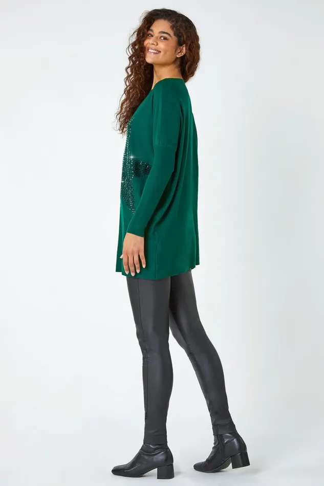Emerald Embellished Star Print Longline Jumper Women Roman Knitwear