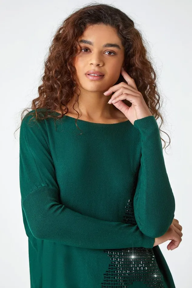 Emerald Embellished Star Print Longline Jumper Women Roman Knitwear