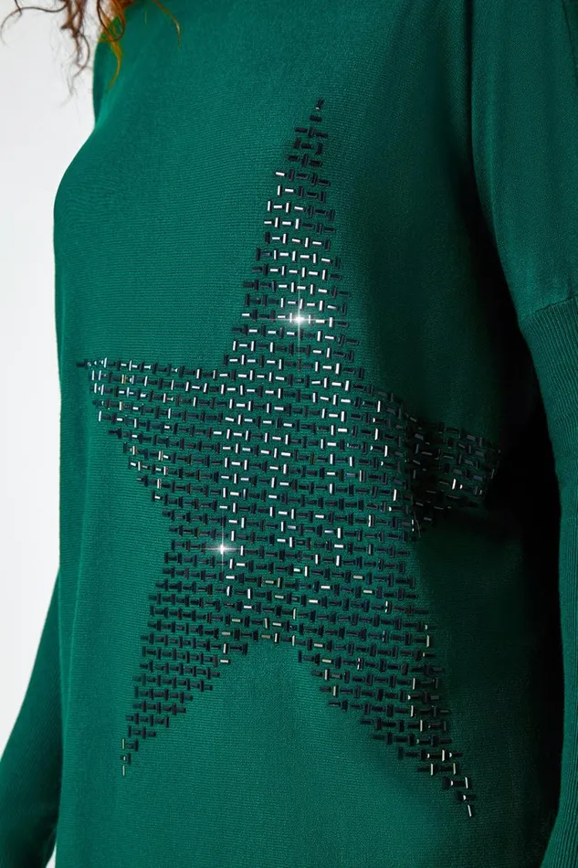 Emerald Embellished Star Print Longline Jumper Women Roman Knitwear