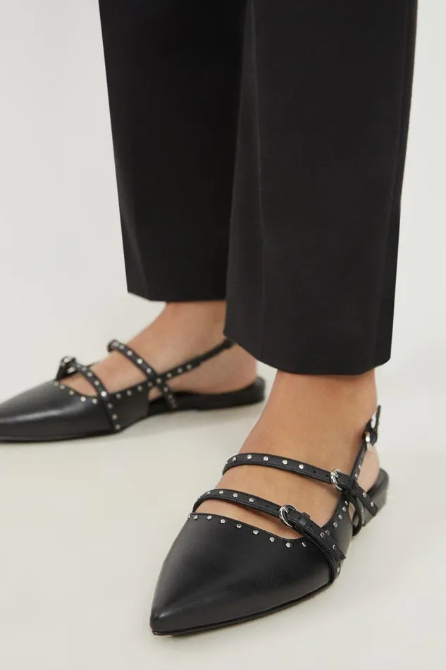 Flat Shoes Women Karen Millen Leather Double Buckle Strap Studded Slingback Pointed Flats Black