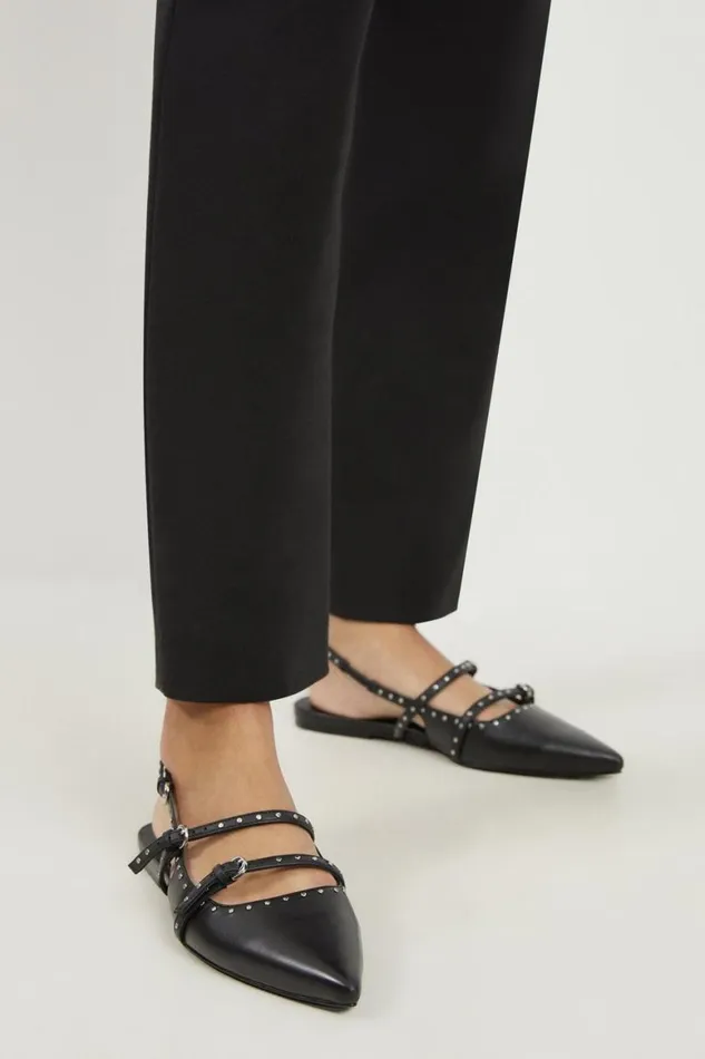 Flat Shoes Women Karen Millen Leather Double Buckle Strap Studded Slingback Pointed Flats Black
