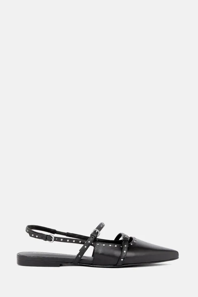 Flat Shoes Women Karen Millen Leather Double Buckle Strap Studded Slingback Pointed Flats Black