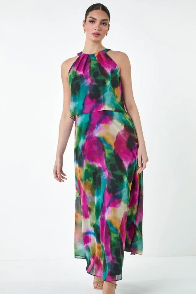 Forest Abstract Print Chiffon Overlay Maxi Dress Women Roman Dresses