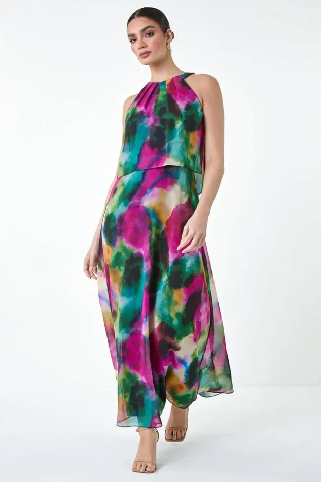 Forest Abstract Print Chiffon Overlay Maxi Dress Women Roman Dresses