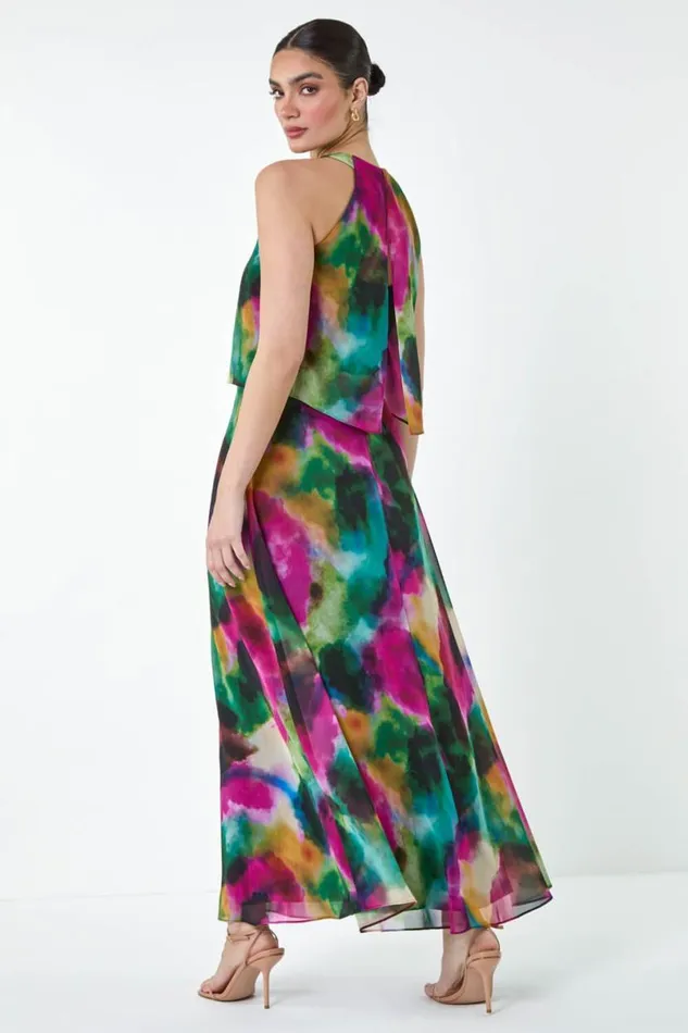 Forest Abstract Print Chiffon Overlay Maxi Dress Women Roman Dresses