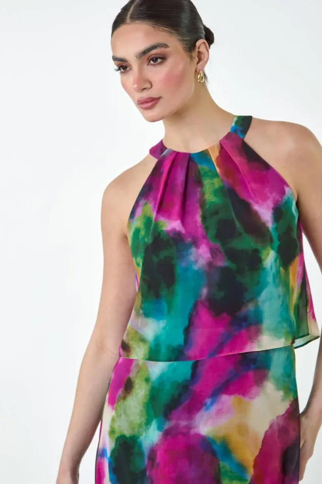 Forest Abstract Print Chiffon Overlay Maxi Dress Women Roman Dresses