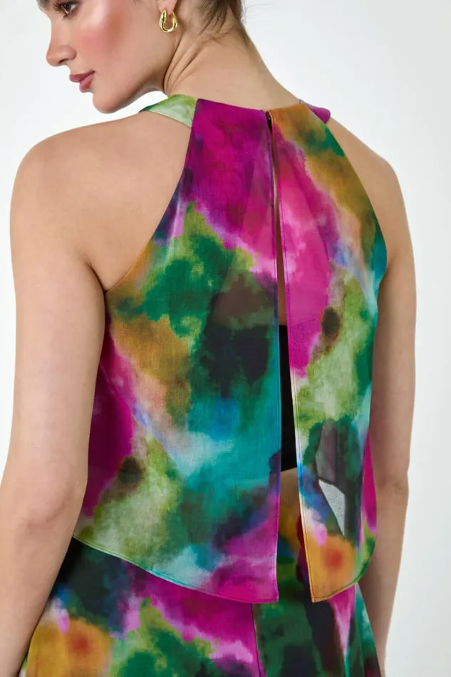 Forest Abstract Print Chiffon Overlay Maxi Dress Women Roman Dresses