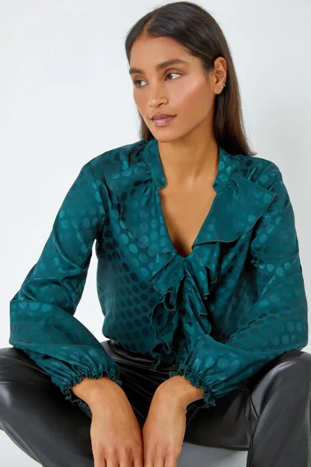 Forest Spot Print Ruffle Trim Stretch Top Women Roman Tops