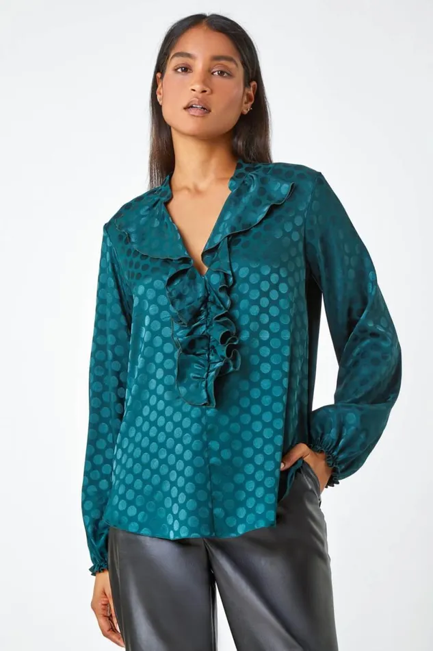 Forest Spot Print Ruffle Trim Stretch Top Women Roman Tops