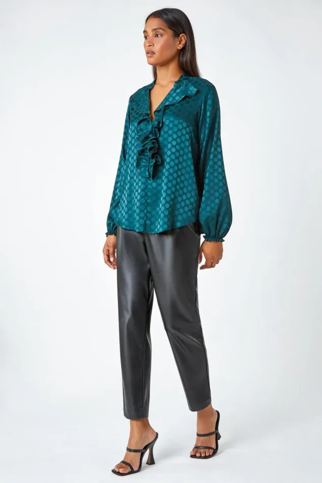 Forest Spot Print Ruffle Trim Stretch Top Women Roman Tops