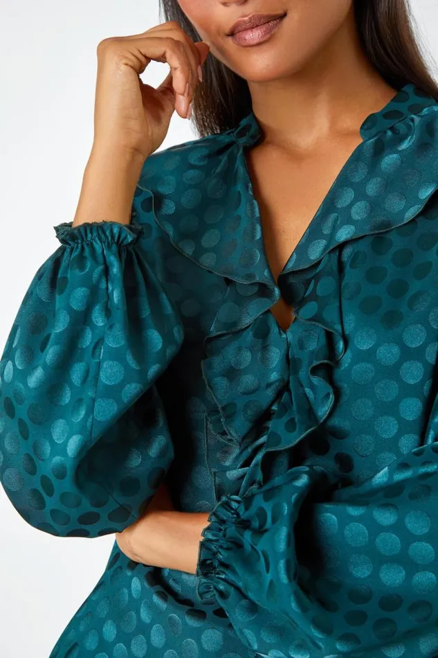 Forest Spot Print Ruffle Trim Stretch Top Women Roman Tops