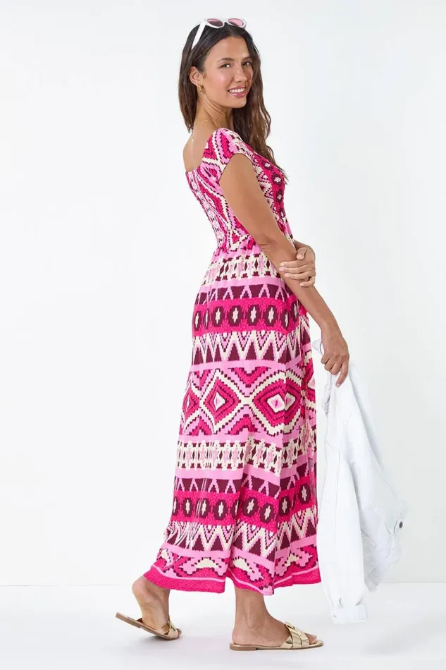 Fuchsia Aztec Shirred Bardot Maxi Dress Women Roman Dresses