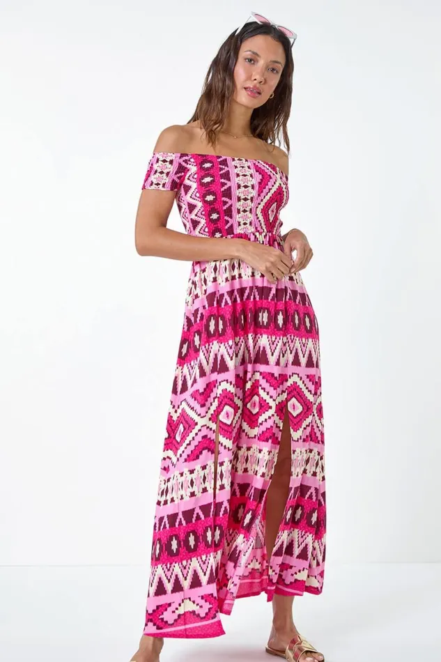 Fuchsia Aztec Shirred Bardot Maxi Dress Women Roman Dresses