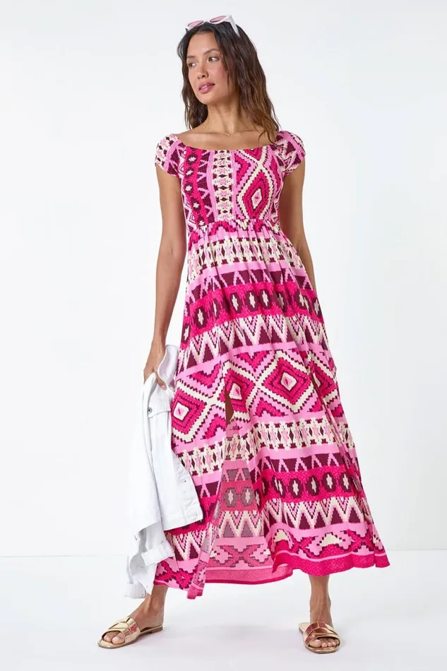 Fuchsia Aztec Shirred Bardot Maxi Dress Women Roman Dresses