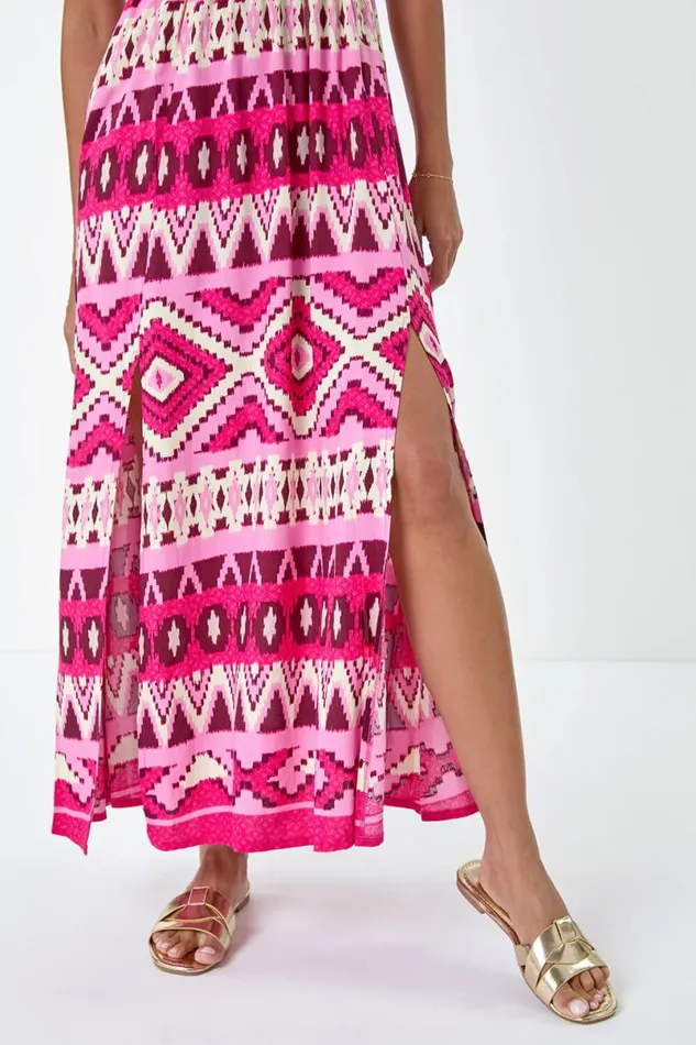 Fuchsia Aztec Shirred Bardot Maxi Dress Women Roman Dresses