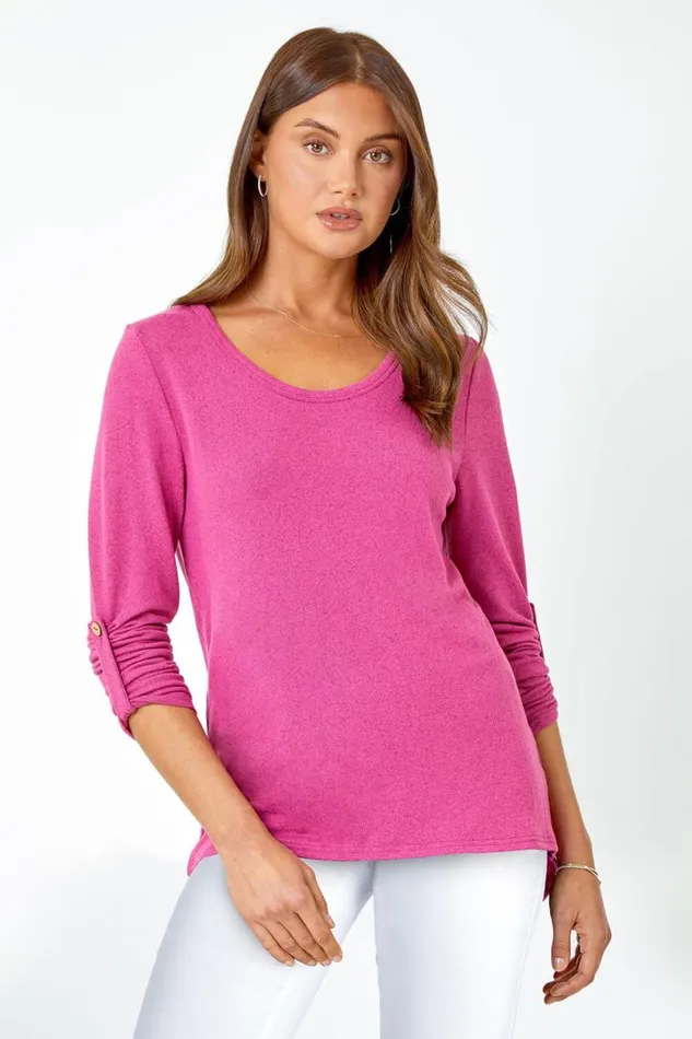 Fuchsia Bow Back Detail Stretch Top Women Roman Tops