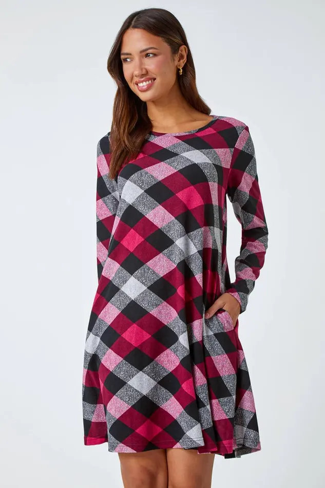 Fuchsia Check Print Swing Stretch Dress Women Roman Dresses