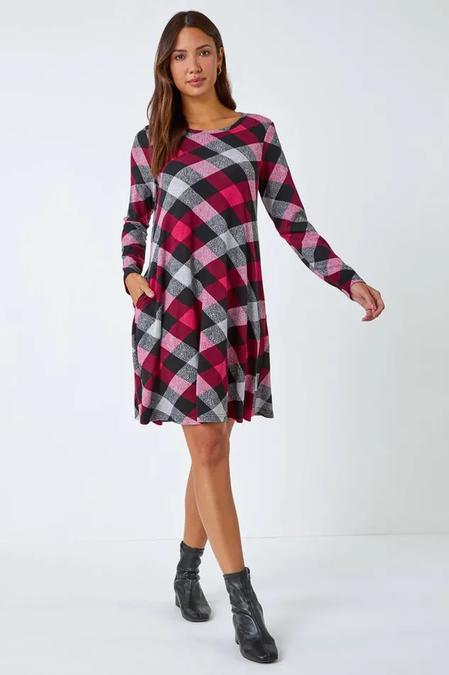 Fuchsia Check Print Swing Stretch Dress Women Roman Dresses