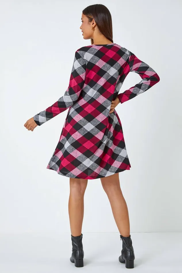 Fuchsia Check Print Swing Stretch Dress Women Roman Dresses