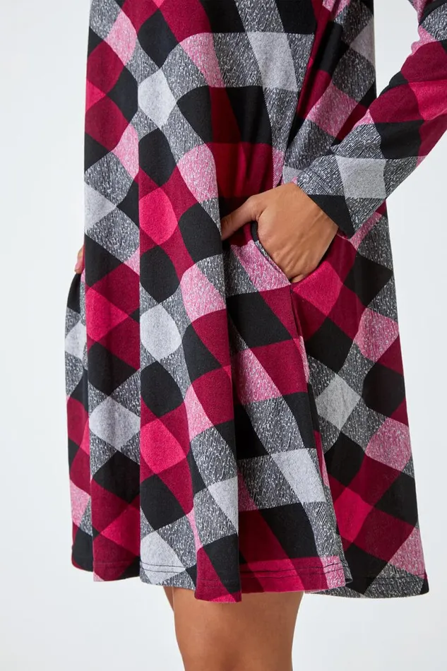 Fuchsia Check Print Swing Stretch Dress Women Roman Dresses