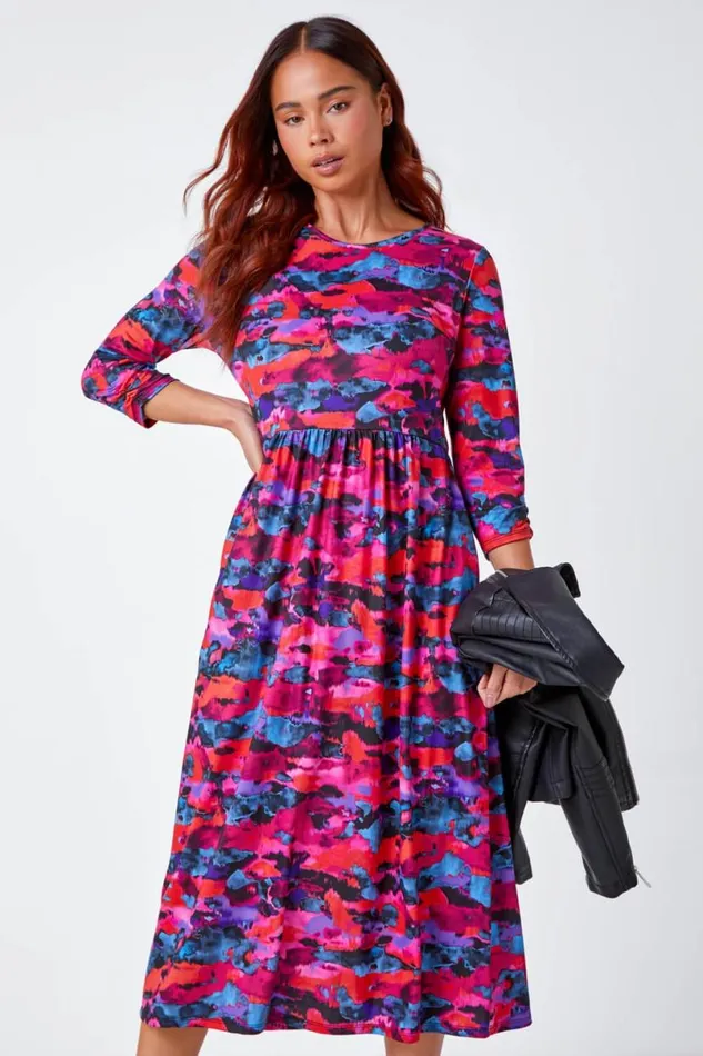 Fuchsia Petite Abstract Print Stretch Midi Dress Women Roman Dresses