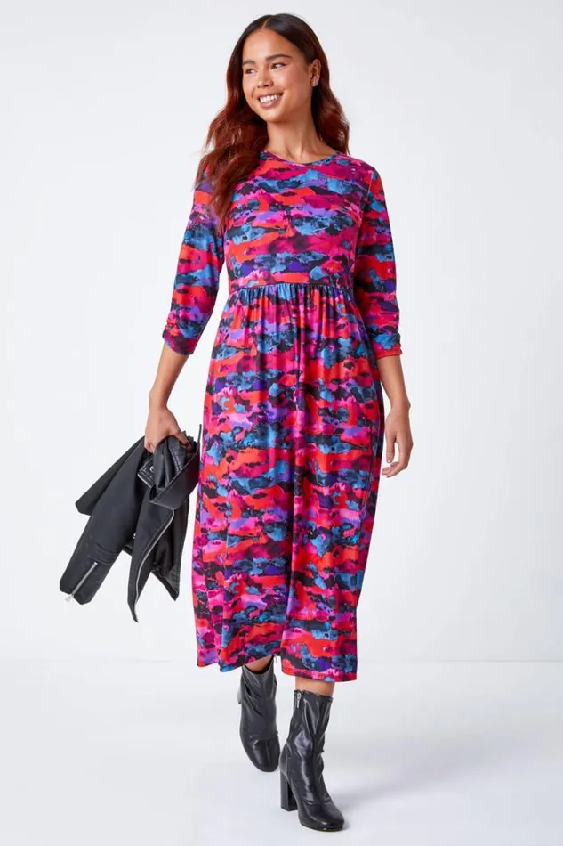 Fuchsia Petite Abstract Print Stretch Midi Dress Women Roman Dresses