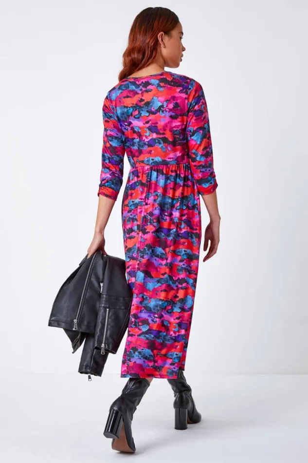 Fuchsia Petite Abstract Print Stretch Midi Dress Women Roman Dresses