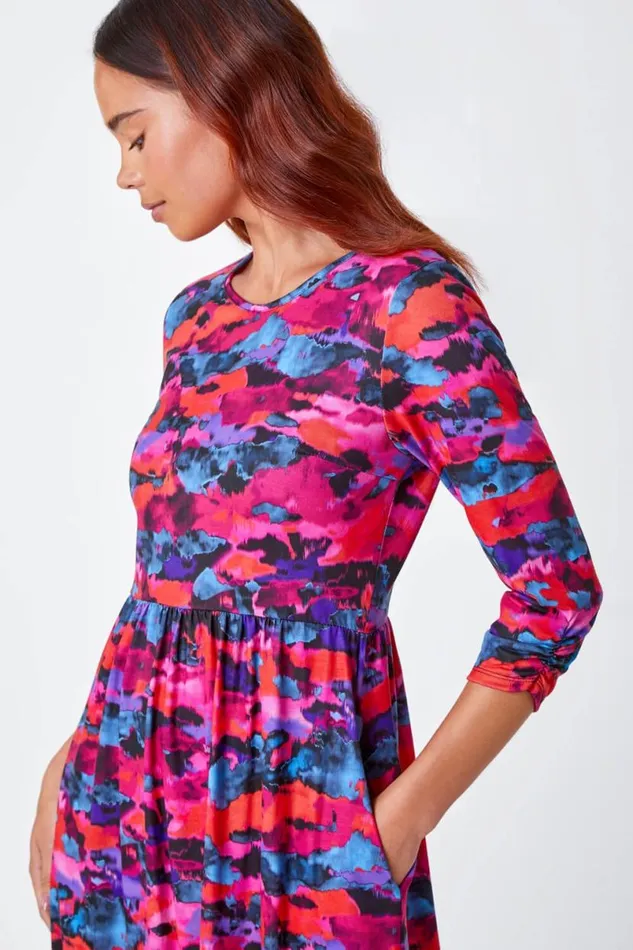 Fuchsia Petite Abstract Print Stretch Midi Dress Women Roman Dresses