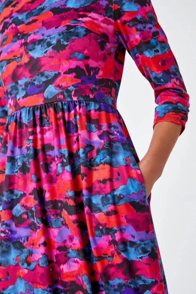 Fuchsia Petite Abstract Print Stretch Midi Dress Women Roman Dresses