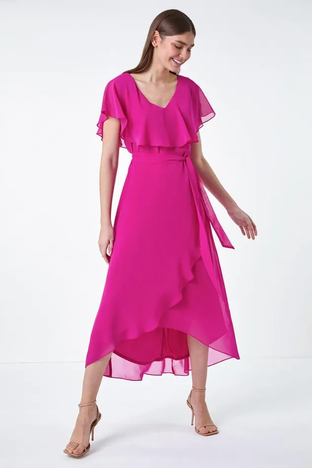 Fuchsia Plain Chiffon Midi Wrap Dress Women Roman Dresses