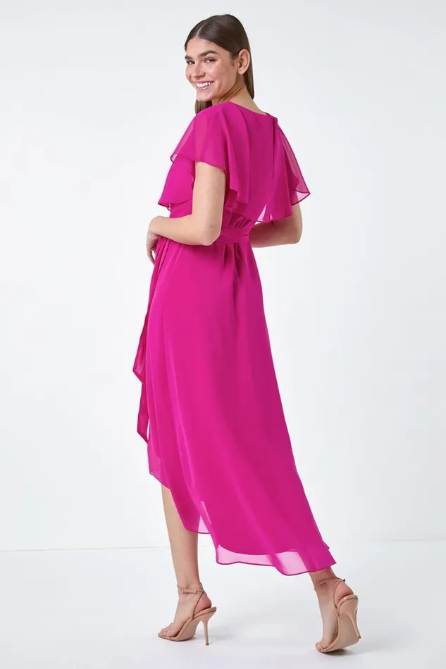 Fuchsia Plain Chiffon Midi Wrap Dress Women Roman Dresses