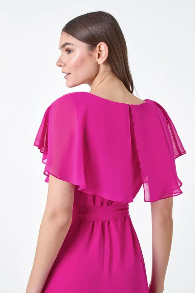 Fuchsia Plain Chiffon Midi Wrap Dress Women Roman Dresses