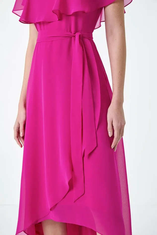 Fuchsia Plain Chiffon Midi Wrap Dress Women Roman Dresses