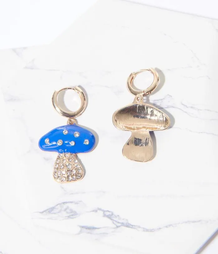Gold And Blue Mushroom Earrings Accessories Unique Vintage Earrings